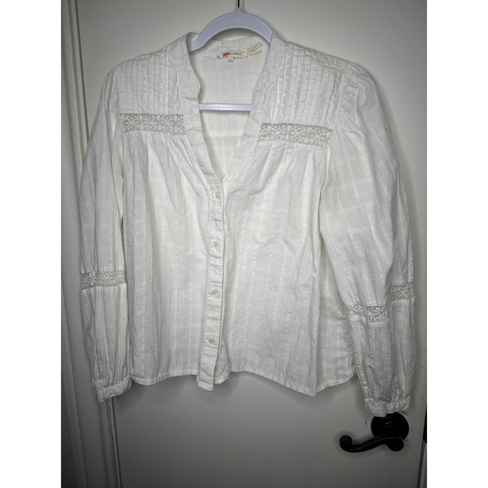 Levis Womens White Crochet Lace Pintuck Button Down Blouse Size Small Boho Gauze